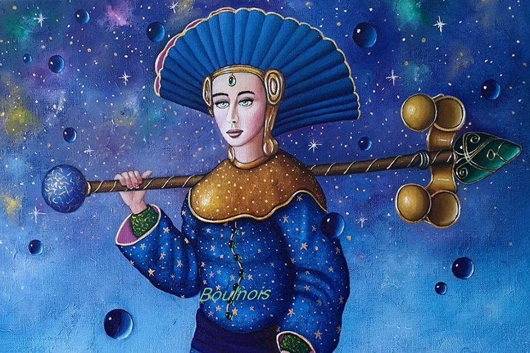 Dettaglio di un quadro di nuance blu, con una donna agli occhi blu che tiene una lancia sulla spalle.
